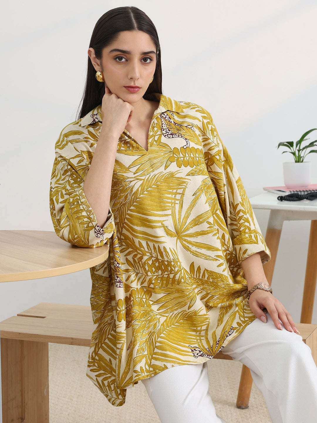 Mustard Printed Cotton A-Line Short Kurti