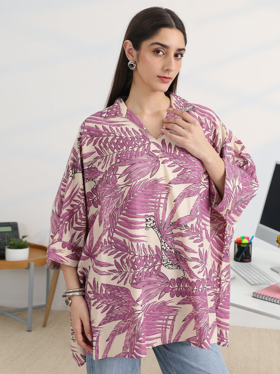 Purple Printed Cotton A-Line Short Kurti