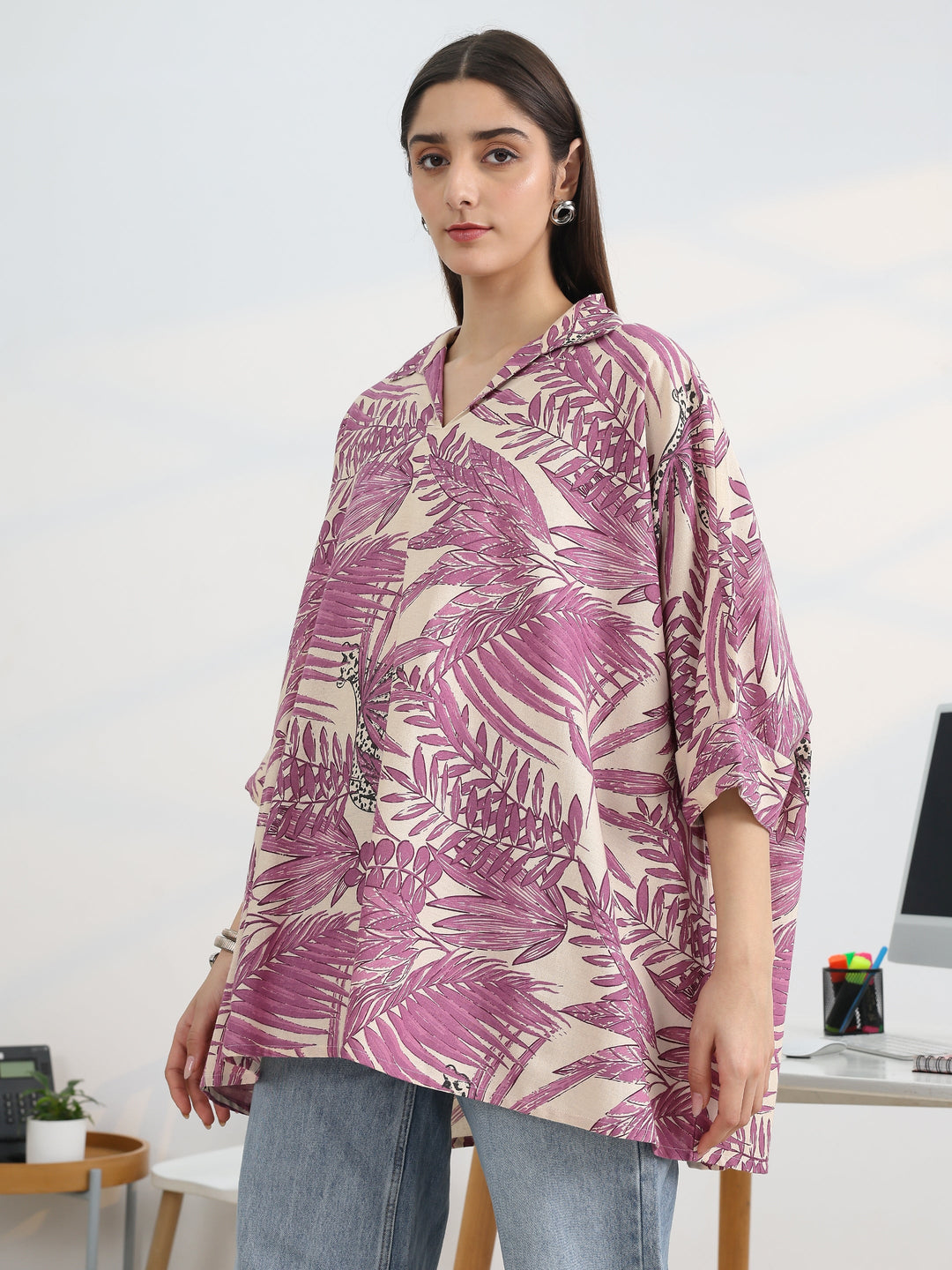 Purple Printed Cotton A-Line Short Kurti