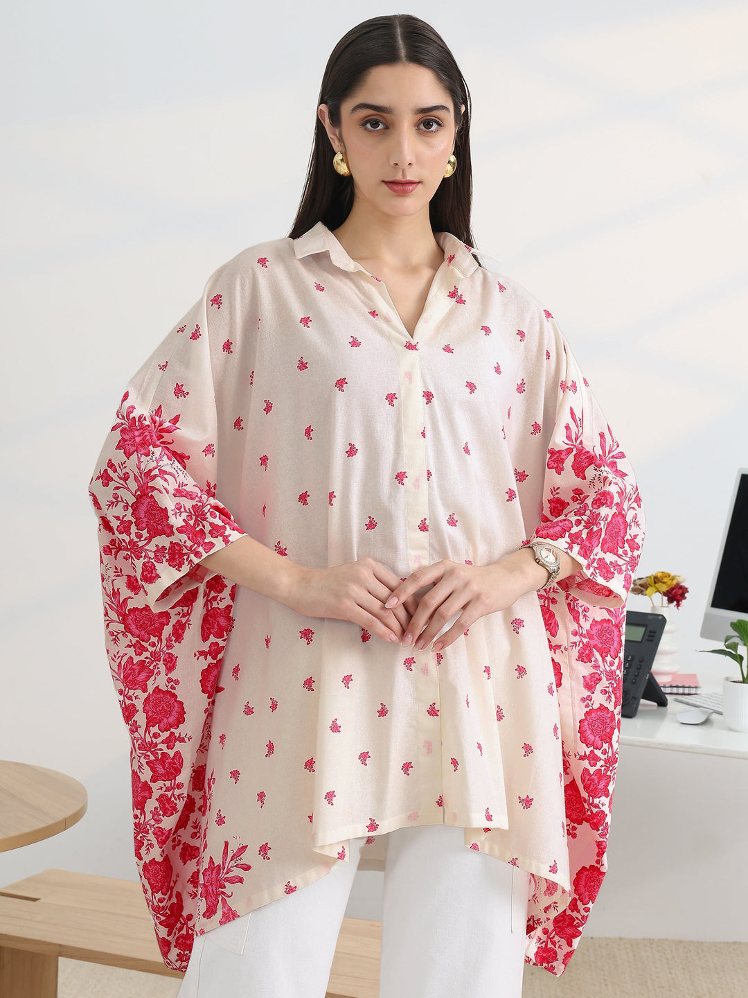 White Printed Cotton A-Line Short Kurti