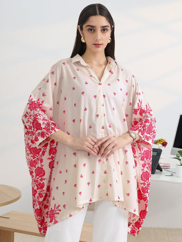 White Printed Cotton A-Line Short Kurti