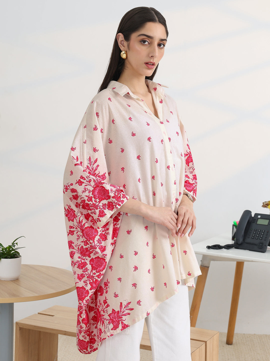 White Printed Cotton A-Line Short Kurti