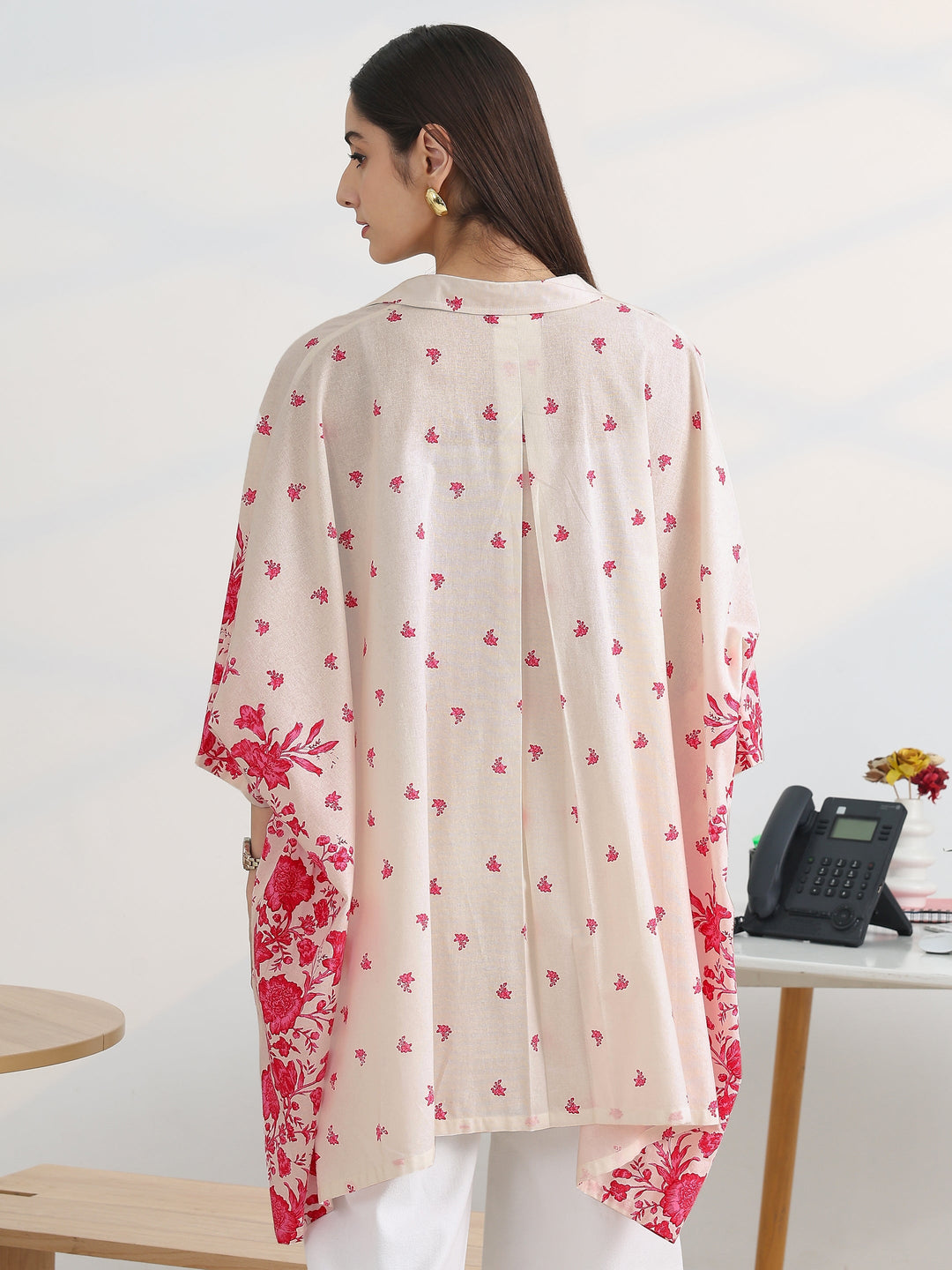White Printed Cotton A-Line Short Kurti