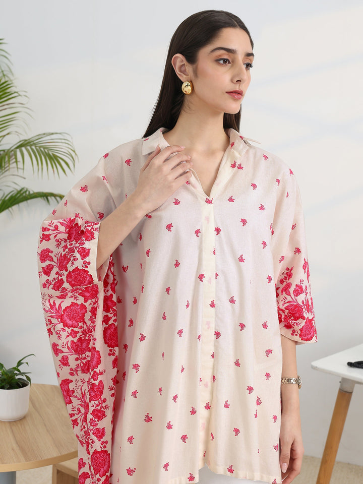 White Printed Cotton A-Line Short Kurti