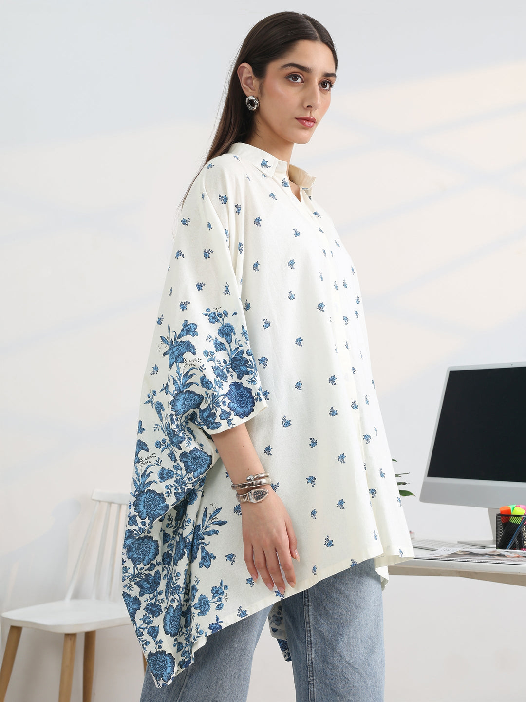 White Printed Cotton A-Line Short Kurti