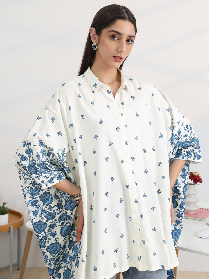 White Printed Cotton A-Line Short Kurti