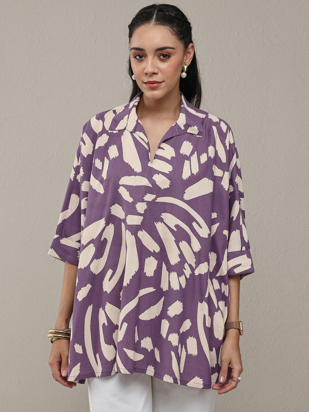 Purple Abstract Printed Cotton Straight Short Kurti