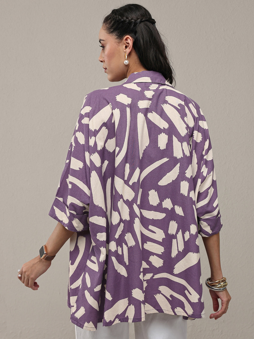 Purple Abstract Printed Cotton Straight Short Kurti