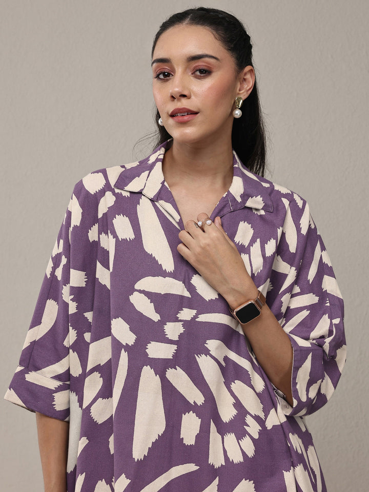 Purple Abstract Printed Cotton Straight Short Kurti