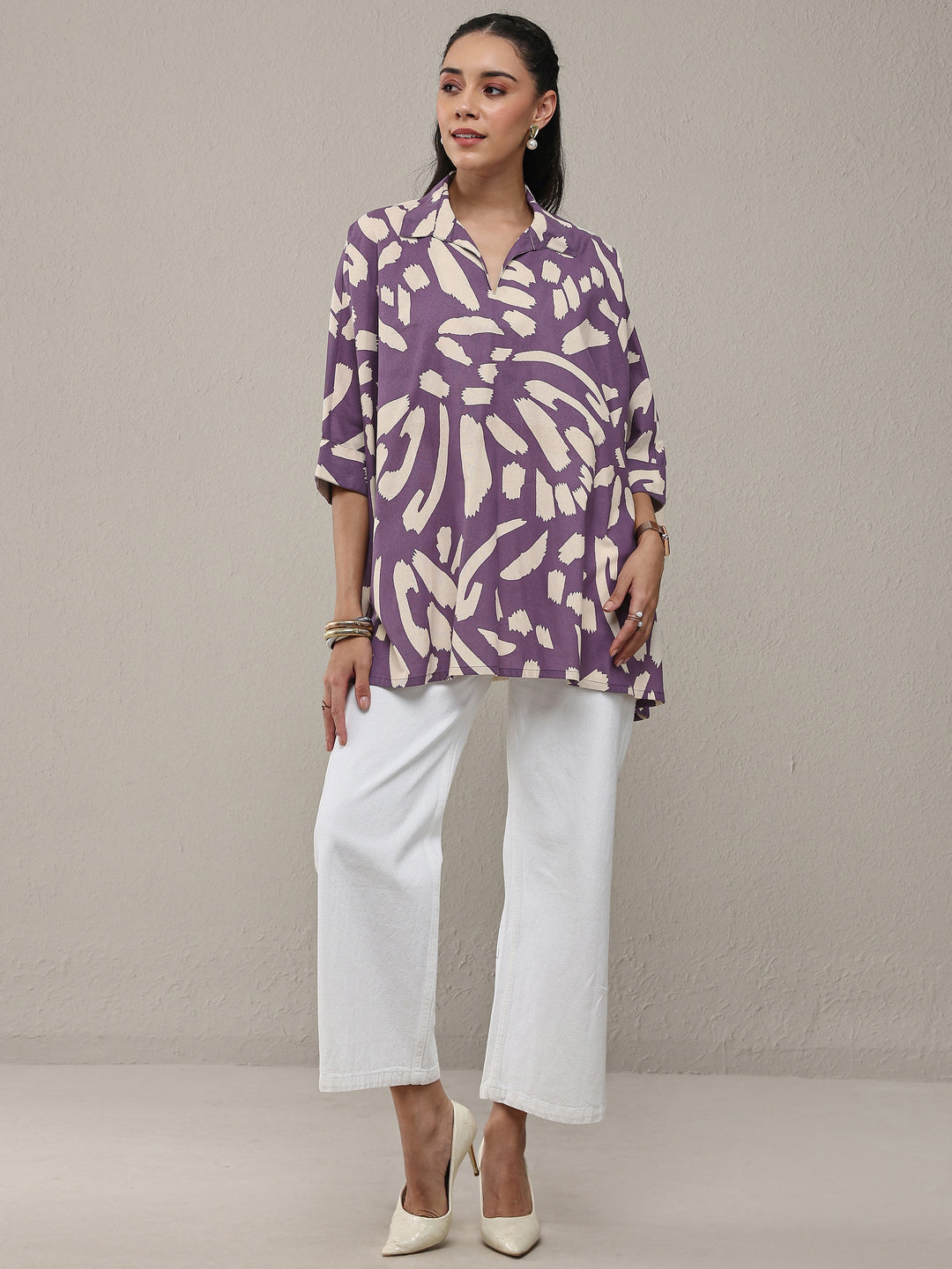 Purple Abstract Printed Cotton Straight Short Kurti