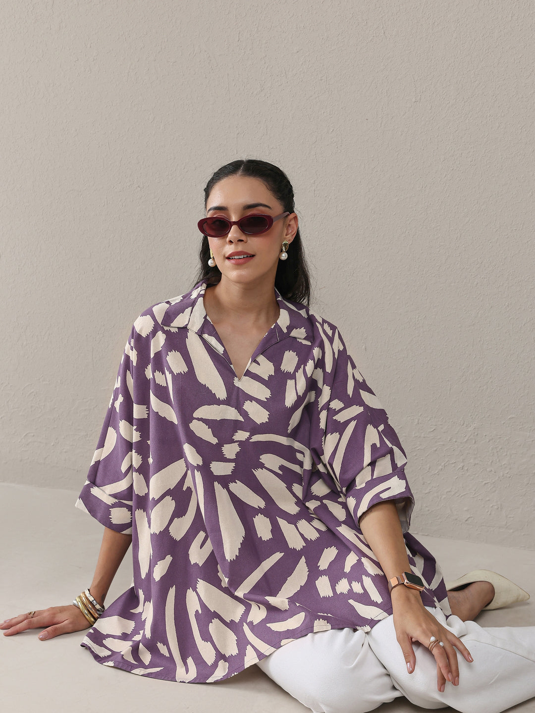 Purple Abstract Printed Cotton Straight Short Kurti