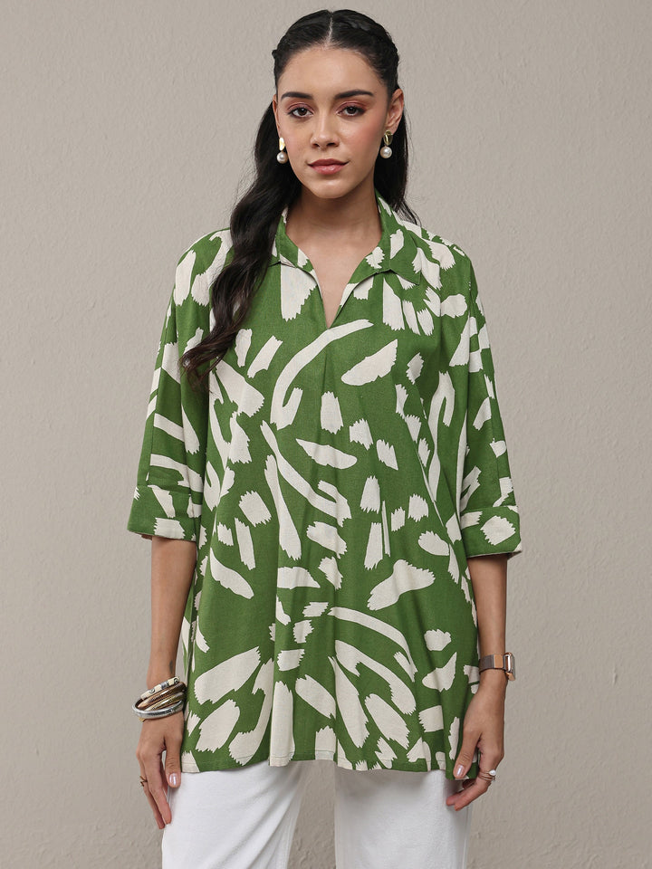 Green Abstract Printed Cotton Straight Short Kurti