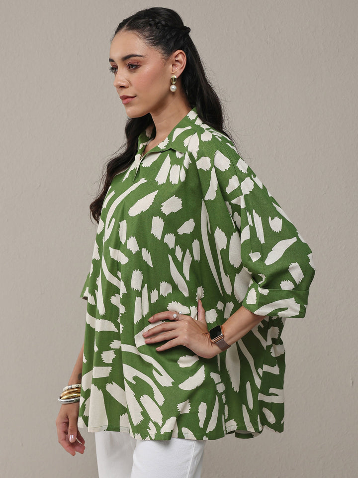Green Abstract Printed Cotton Straight Short Kurti