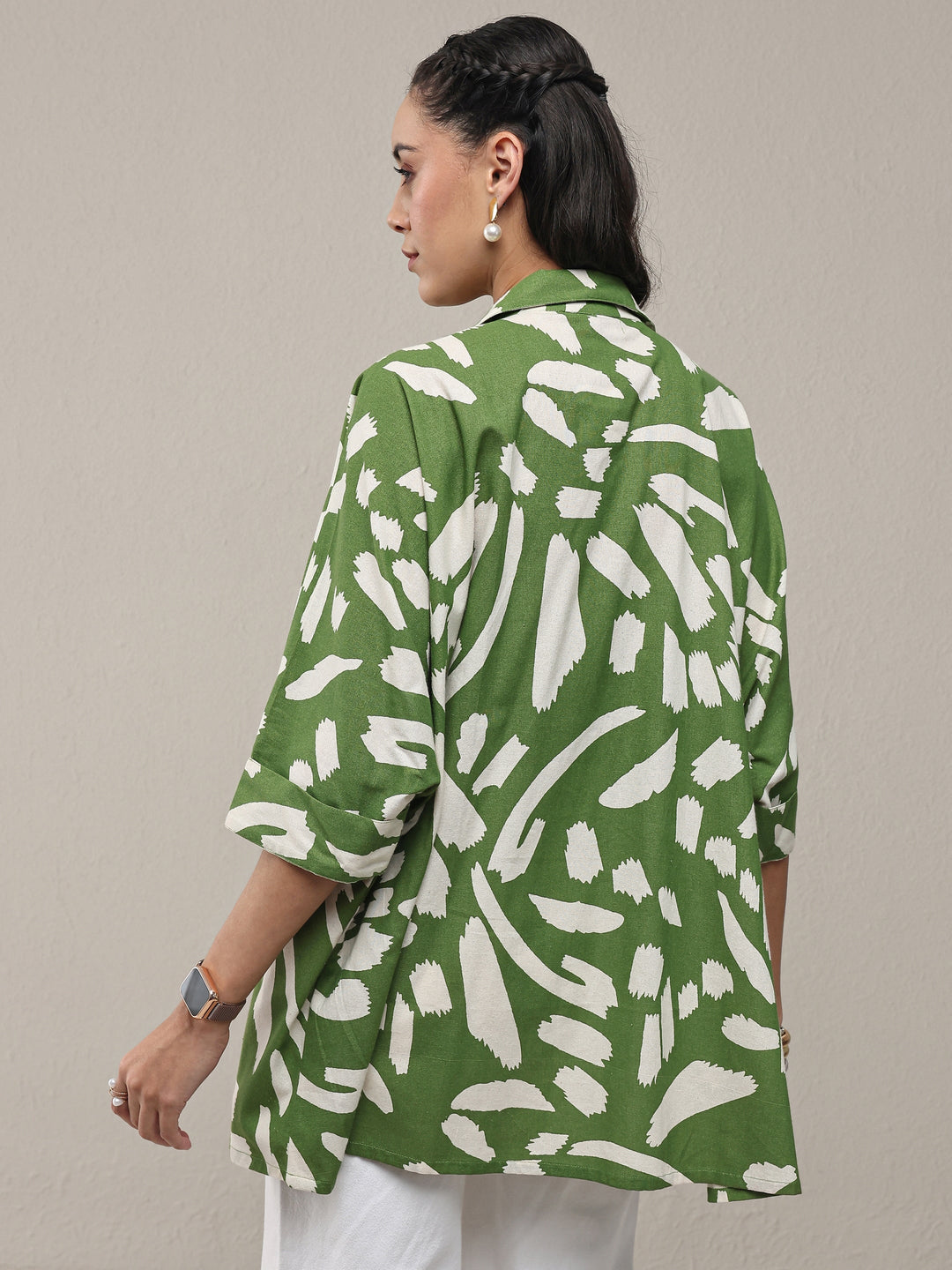 Green Abstract Printed Cotton Straight Short Kurti