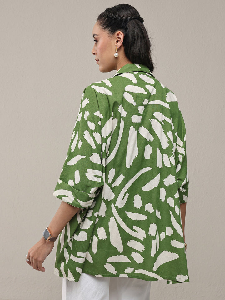Green Abstract Printed Cotton Straight Short Kurti