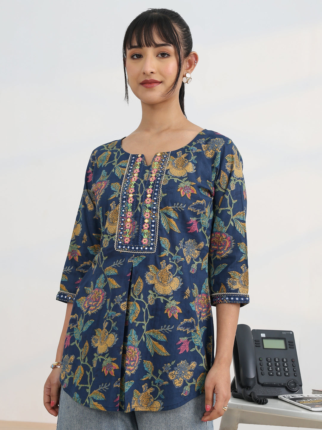 Blue Printed Cotton Straight Short Kurti