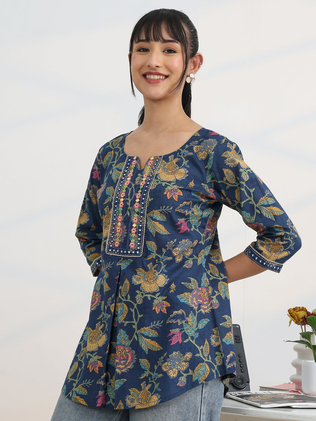 Blue Printed Cotton Straight Short Kurti