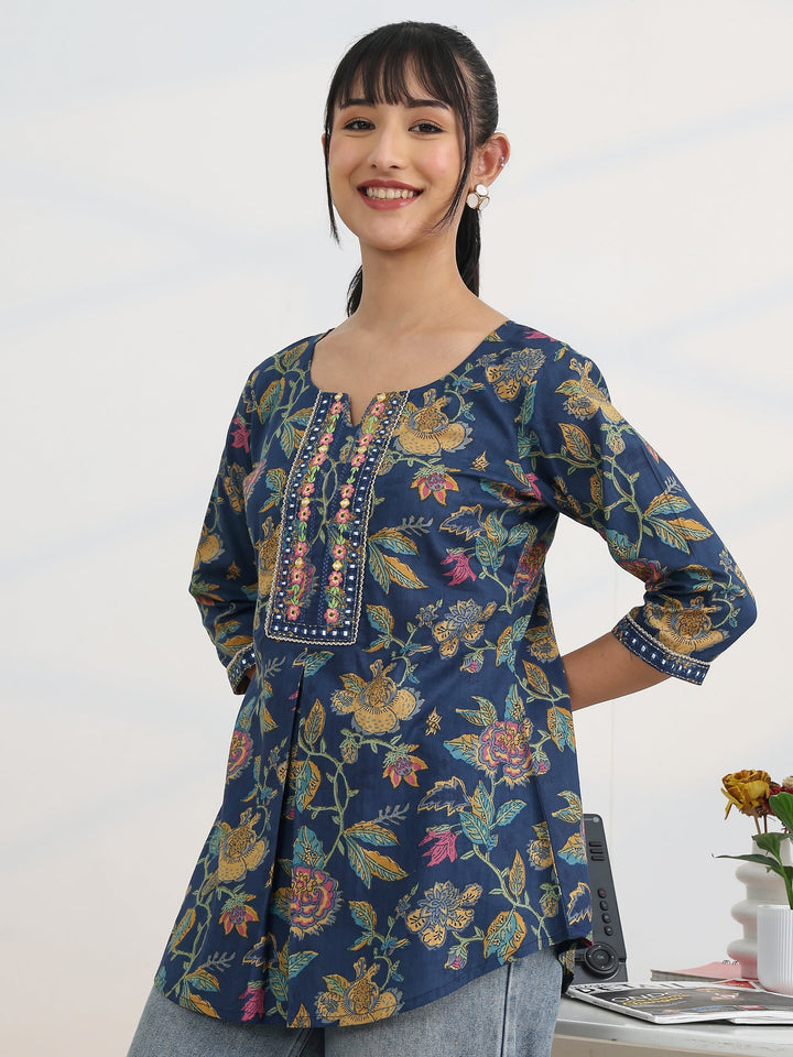 Blue Printed Cotton Straight Short Kurti
