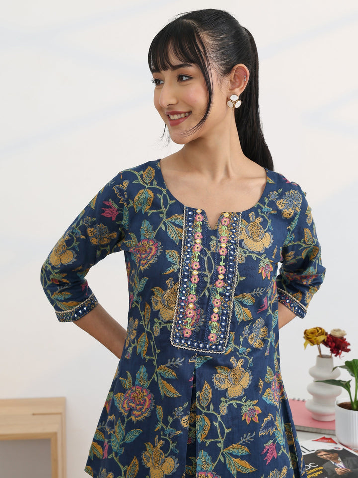 Blue Printed Cotton Straight Short Kurti