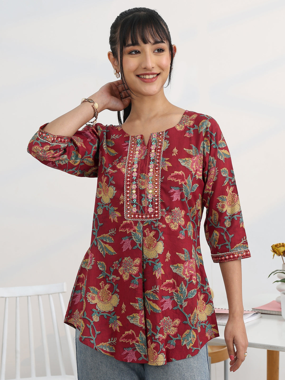 Maroon Printed Cotton Straight Short Kurti
