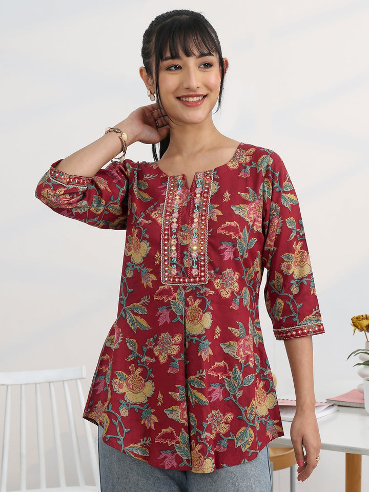 Maroon Printed Cotton Straight Short Kurti