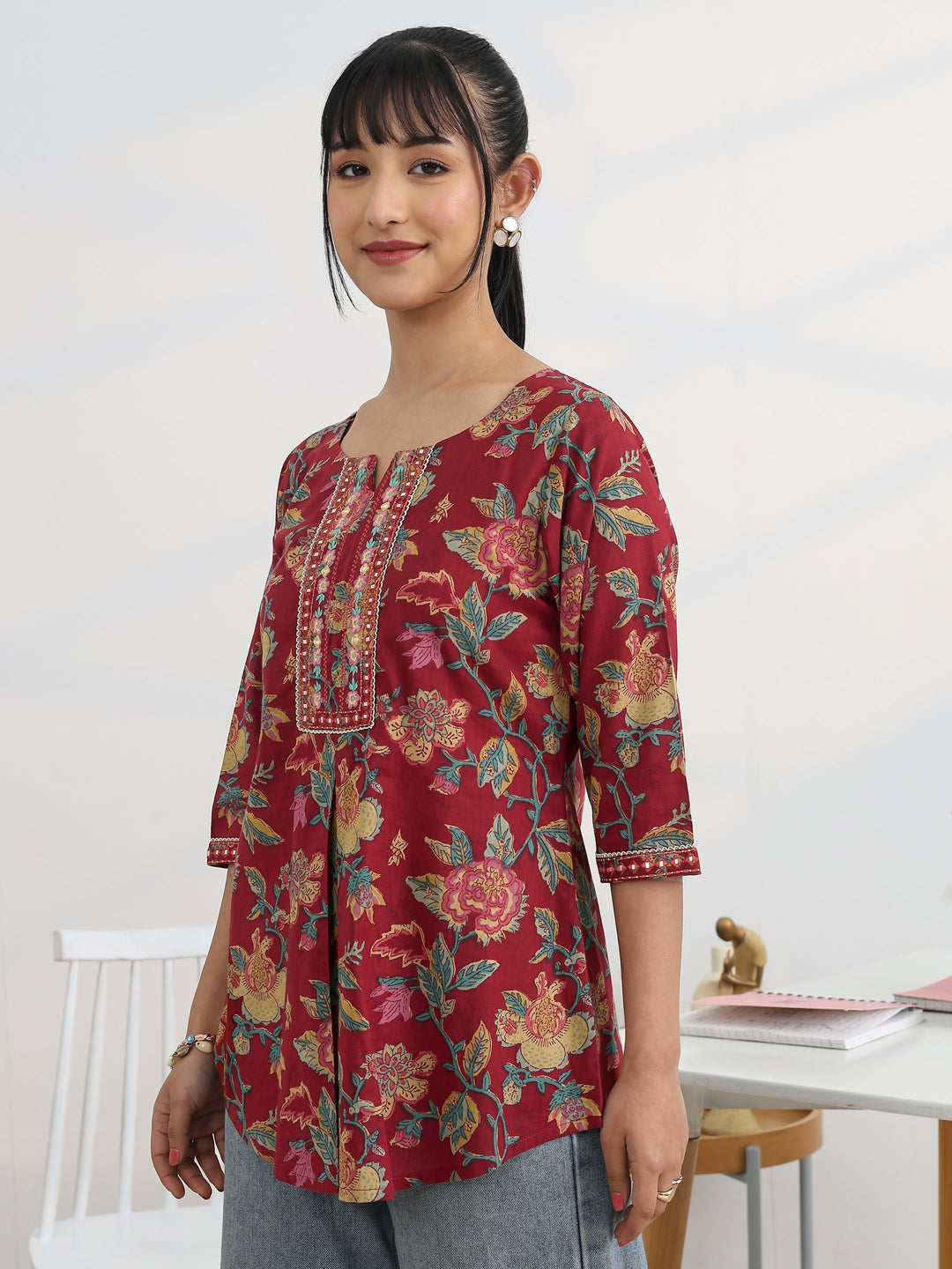 Maroon Printed Cotton Straight Short Kurti