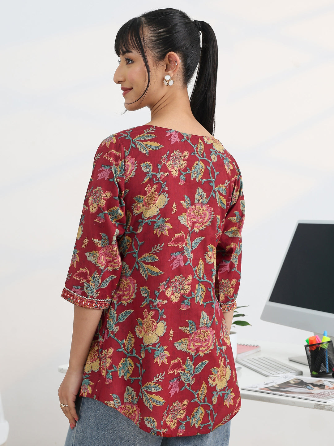 Maroon Printed Cotton Straight Short Kurti