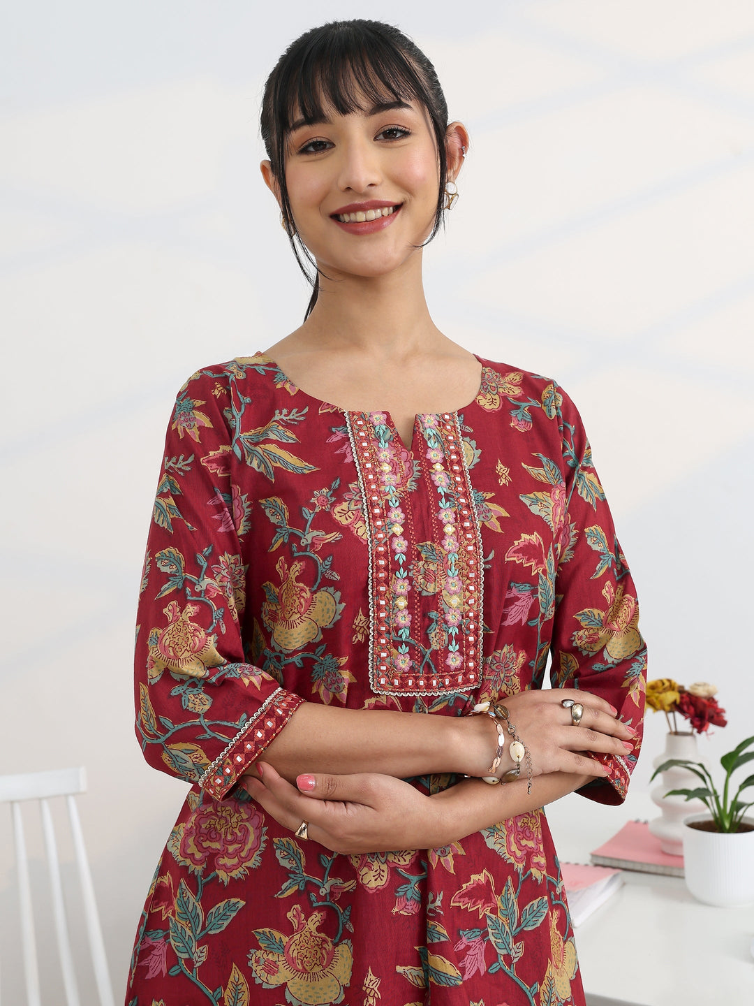 Maroon Printed Cotton Straight Short Kurti