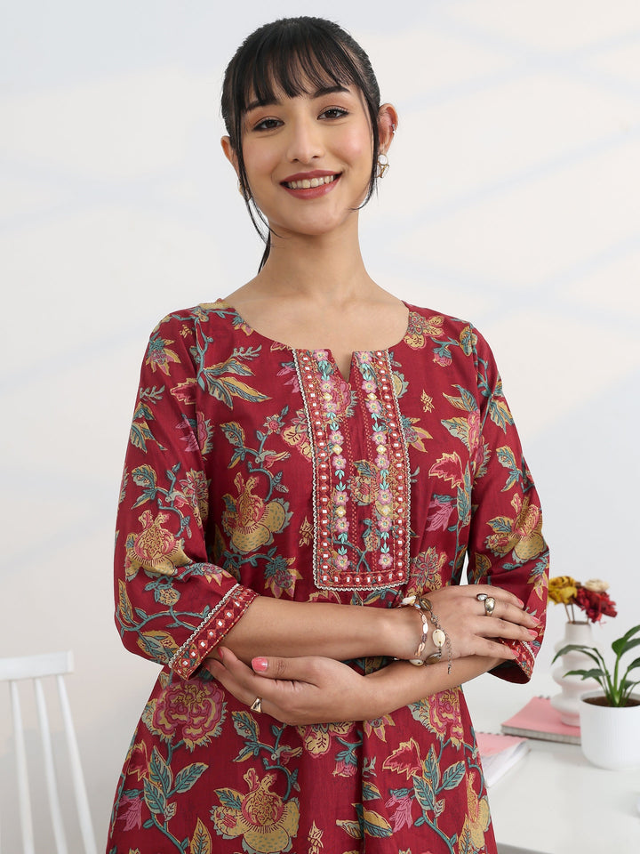 Maroon Printed Cotton Straight Short Kurti