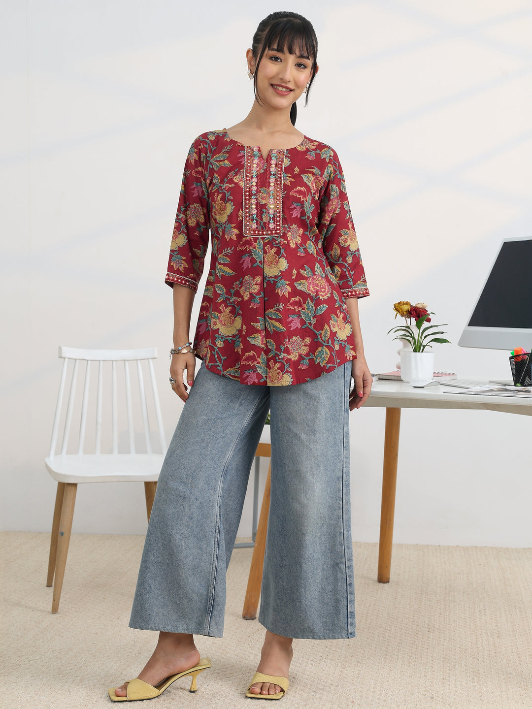 Maroon Printed Cotton Straight Short Kurti