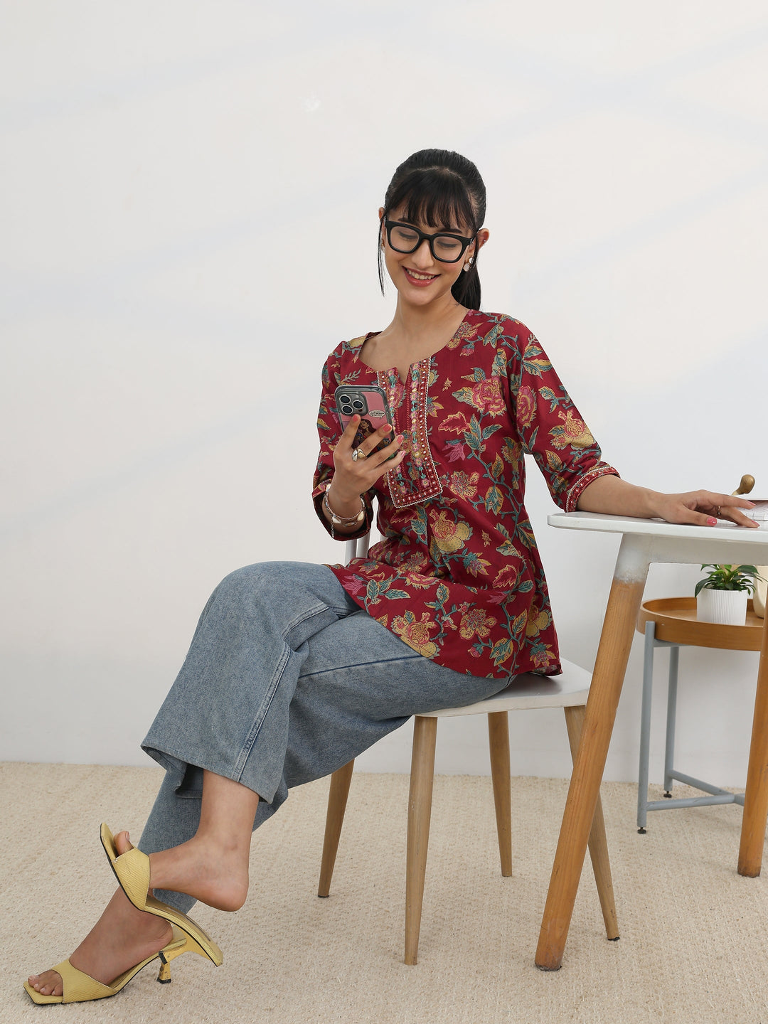 Maroon Printed Cotton Straight Short Kurti