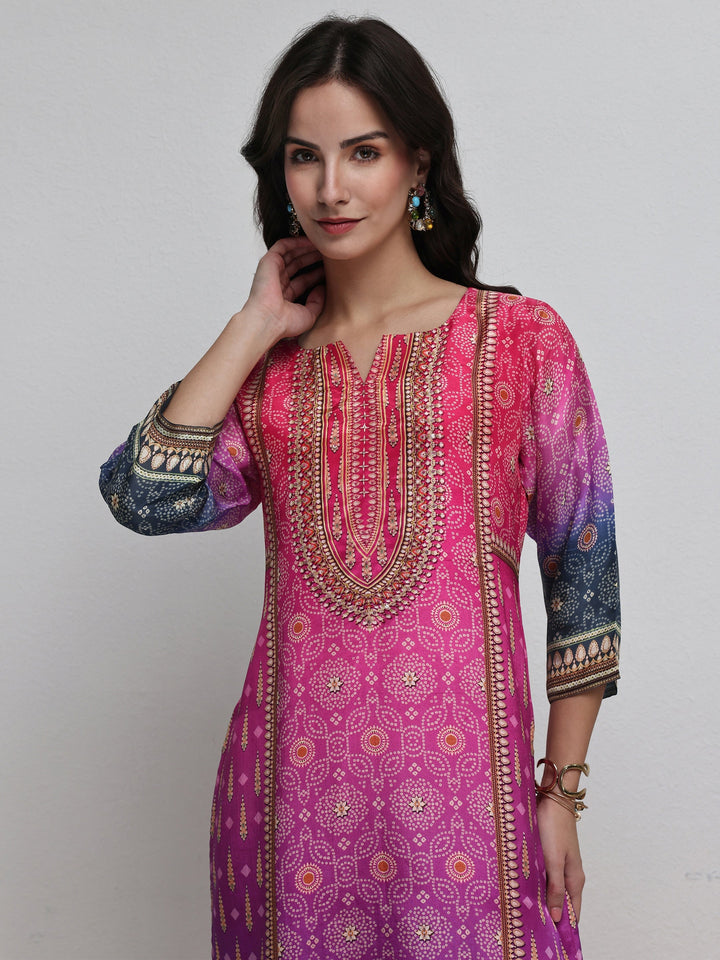 Libas Multi Bandhani Printed Organza Straight Kurta