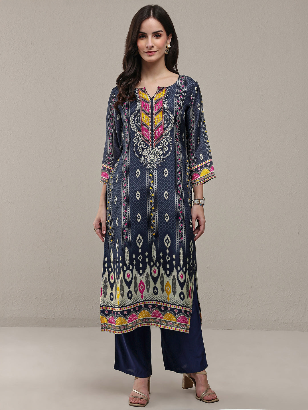 Navy Blue Ethnic Printed Organza Straight Kurta
