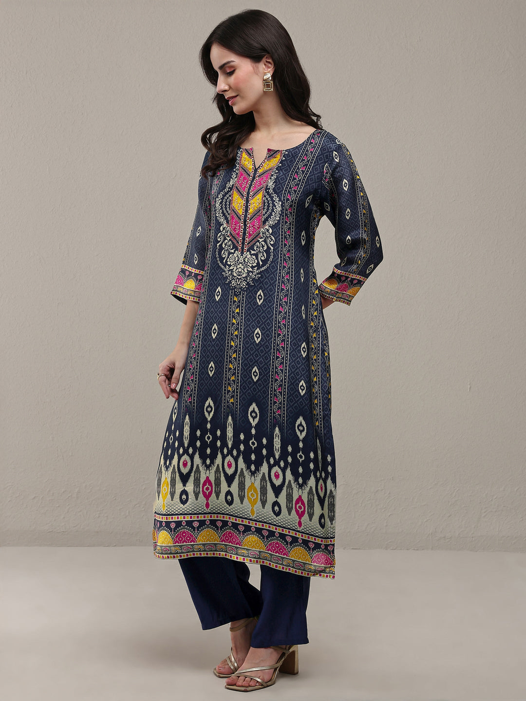 Navy Blue Ethnic Printed Organza Straight Kurta
