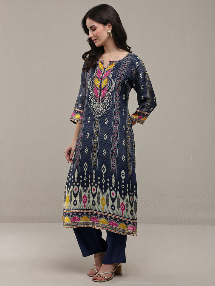 Navy Blue Ethnic Printed Organza Straight Kurta