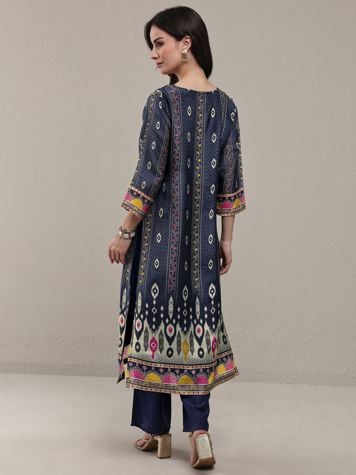 Navy Blue Ethnic Printed Organza Straight Kurta