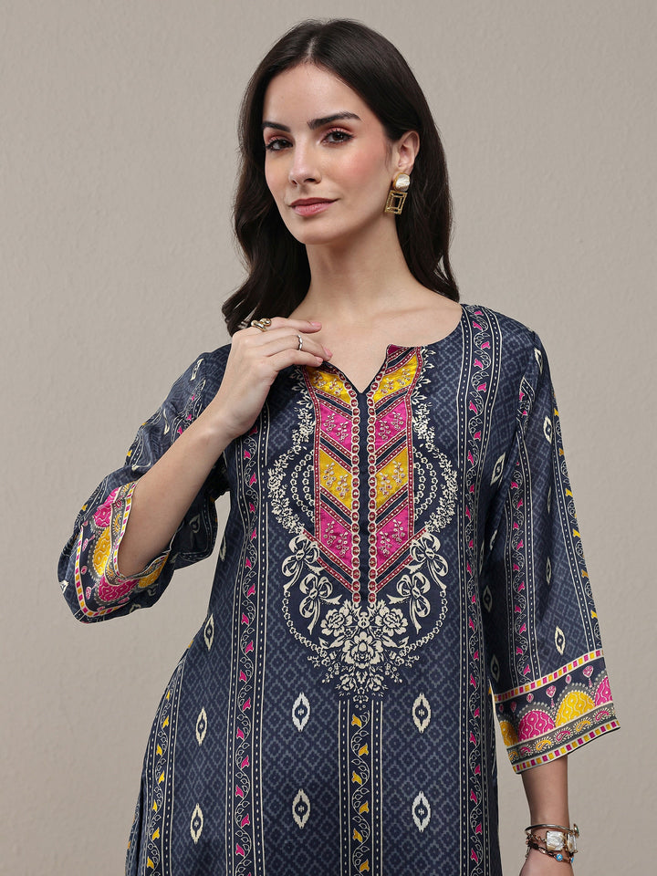 Navy Blue Ethnic Printed Organza Straight Kurta