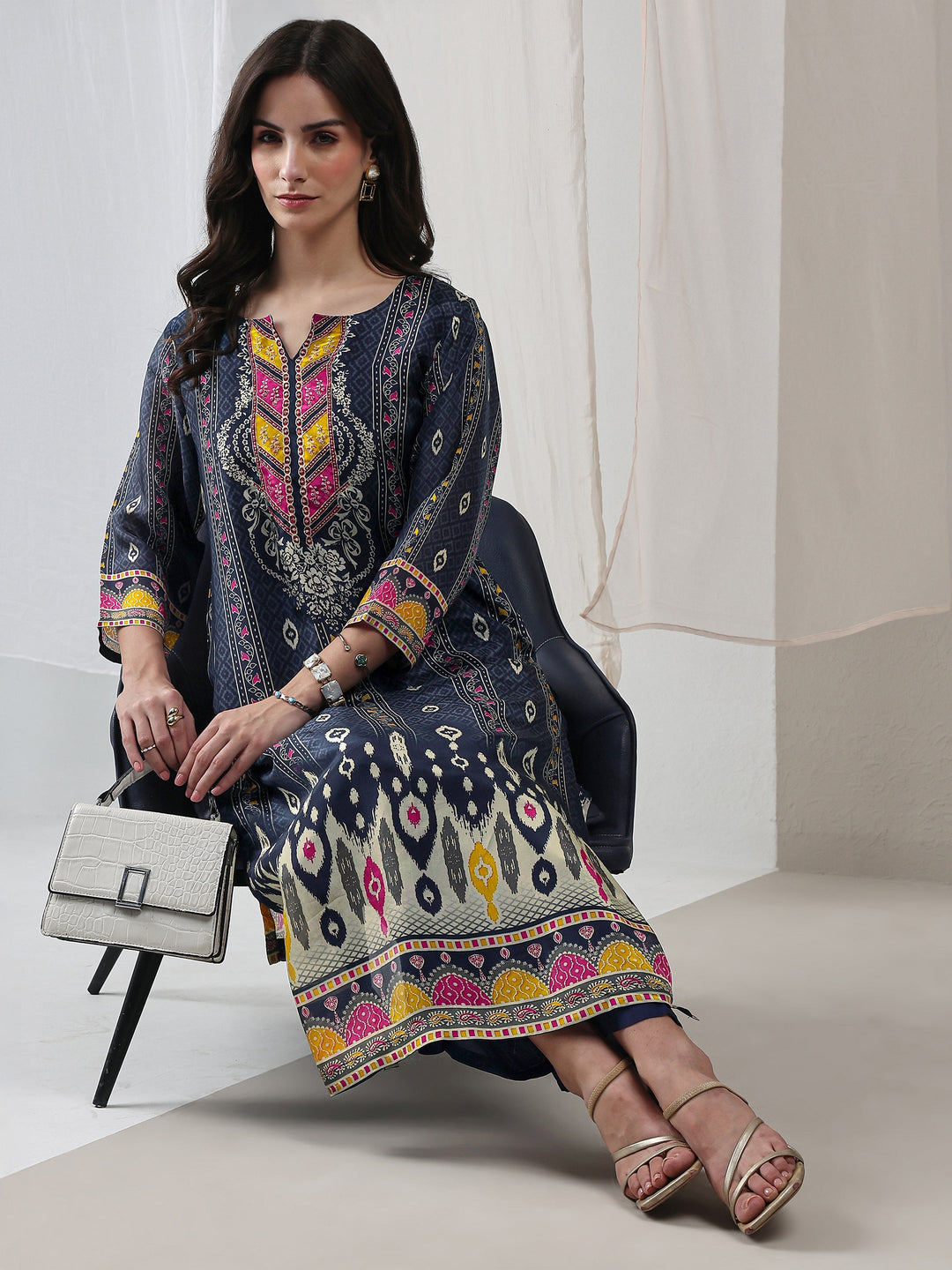 Navy Blue Ethnic Printed Organza Straight Kurta