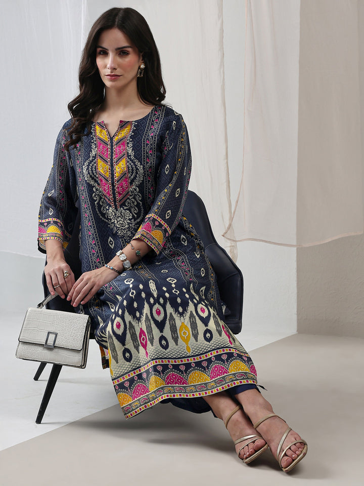 Navy Blue Ethnic Printed Organza Straight Kurta