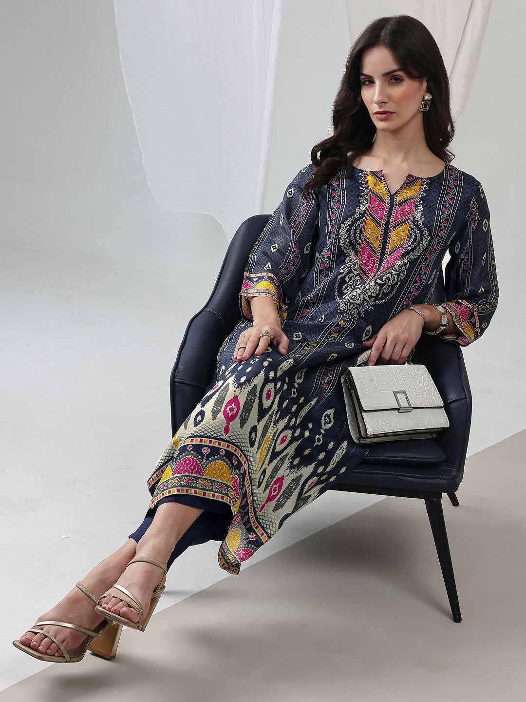 Navy Blue Ethnic Printed Organza Straight Kurta