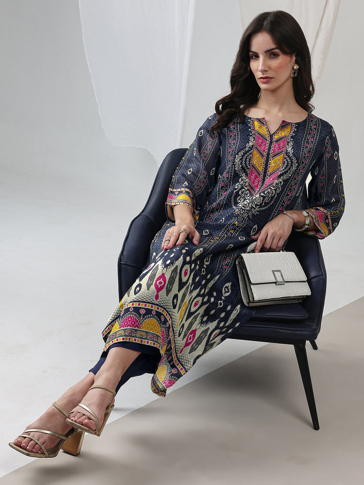 Navy Blue Ethnic Printed Organza Straight Kurta
