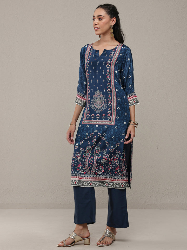 Blue Ethnicprinted Crepe Straight Kurta