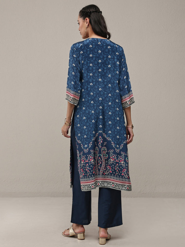 Blue Ethnicprinted Crepe Straight Kurta