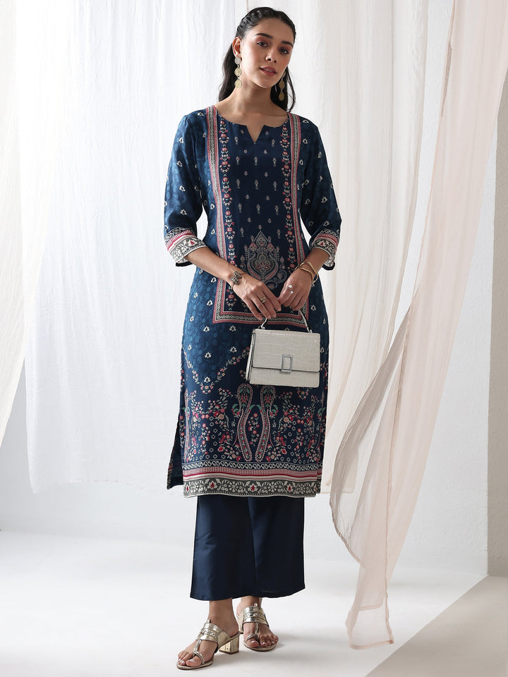 Blue Ethnicprinted Crepe Straight Kurta
