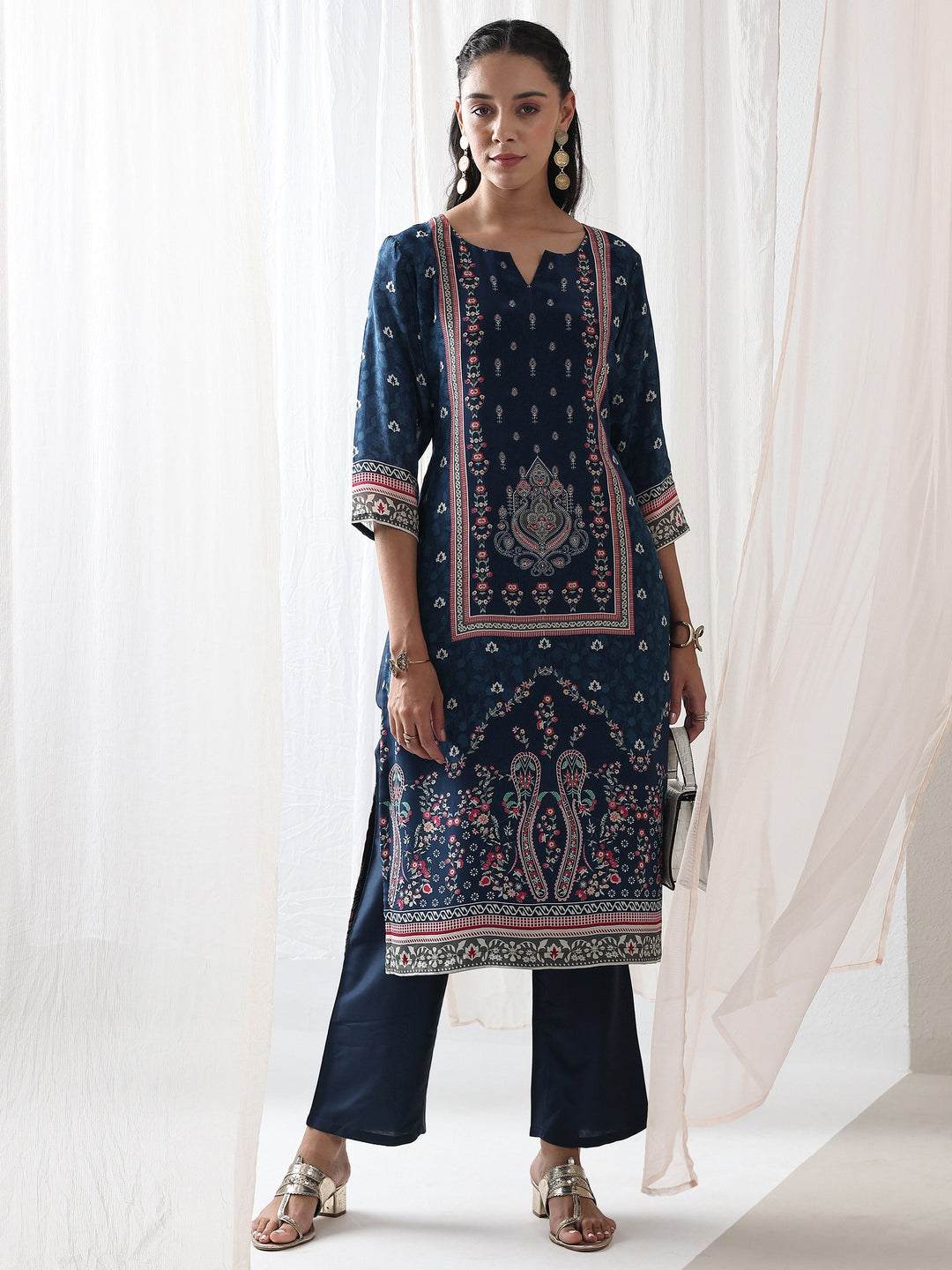 Blue Ethnicprinted Crepe Straight Kurta