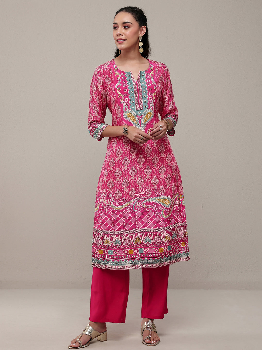 Libas Pink Ethnic Printed Crepe Straight Kurta