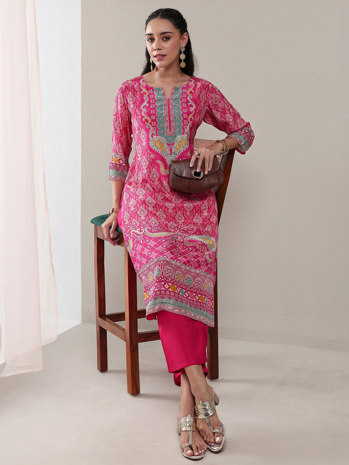 Libas Pink Ethnic Printed Crepe Straight Kurta