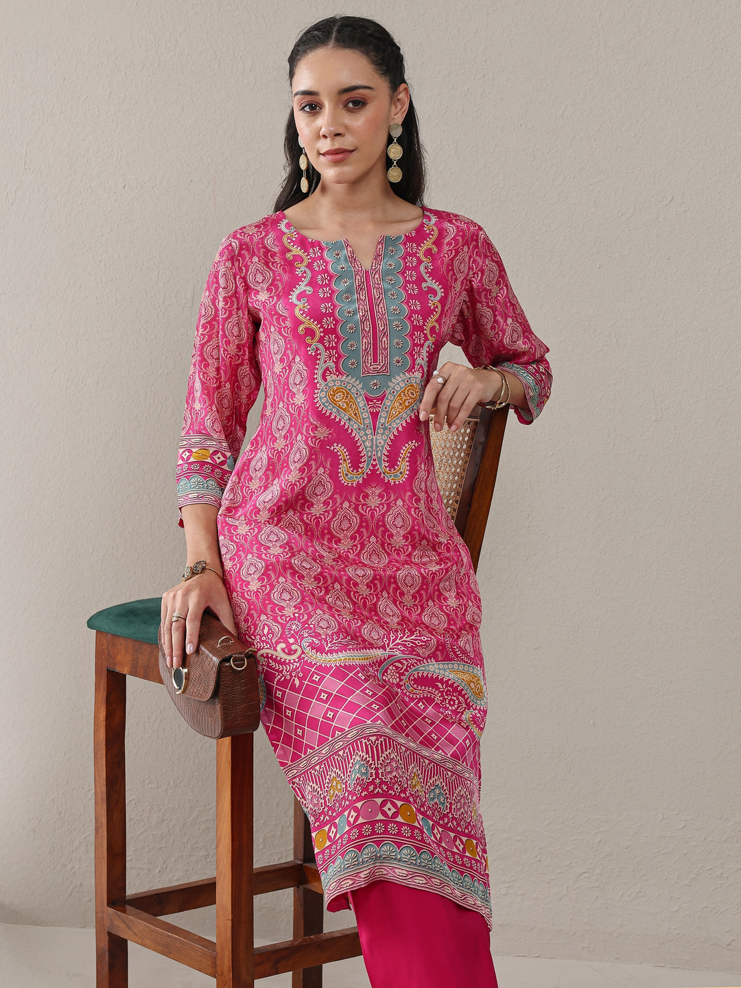 Pink Ethnic Printed Crepe Straight Kurta