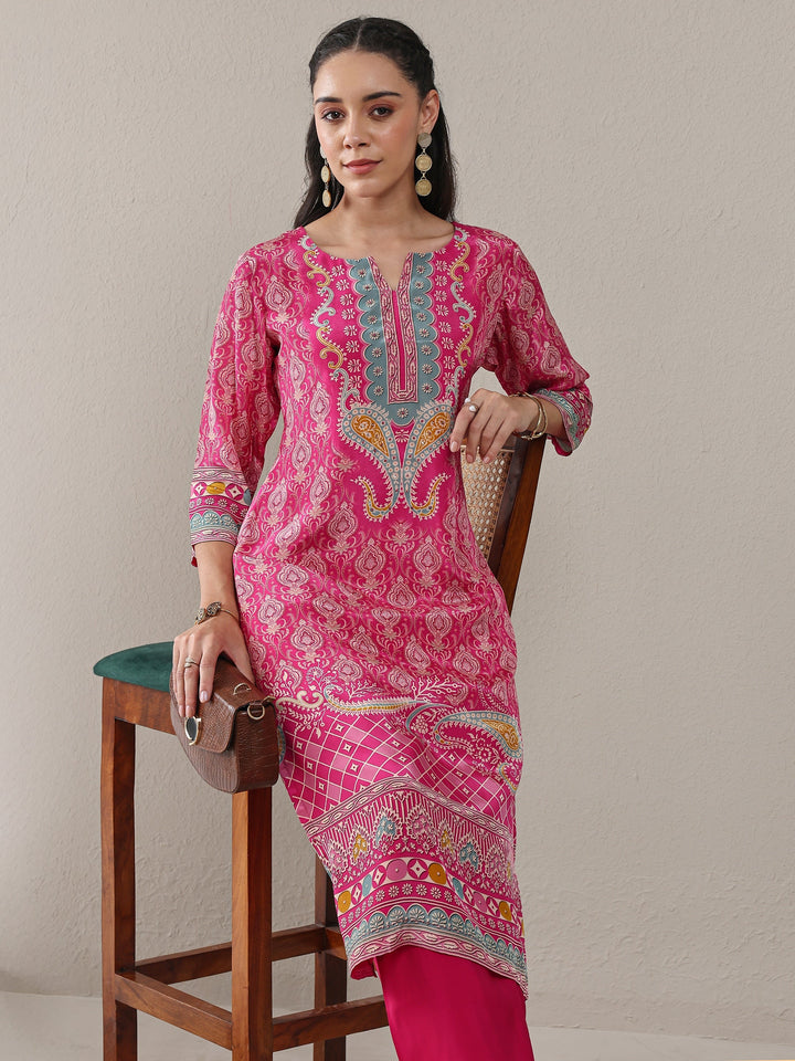 Libas Pink Ethnic Printed Crepe Straight Kurta