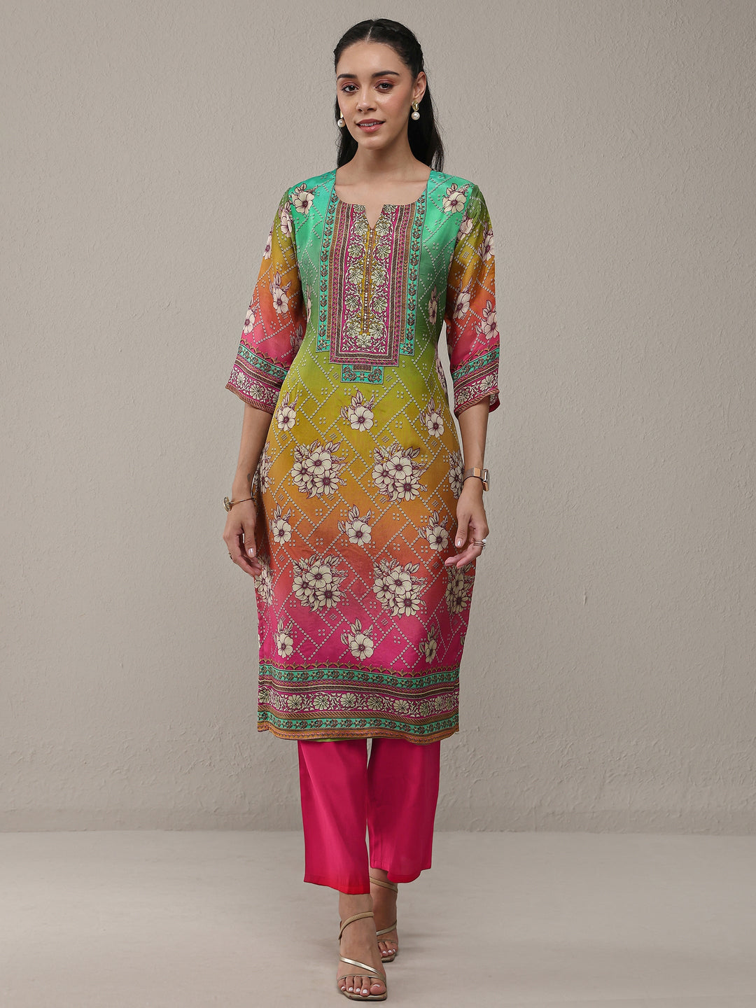 Libas Multi Floral Printed Organza Straight Kurta
